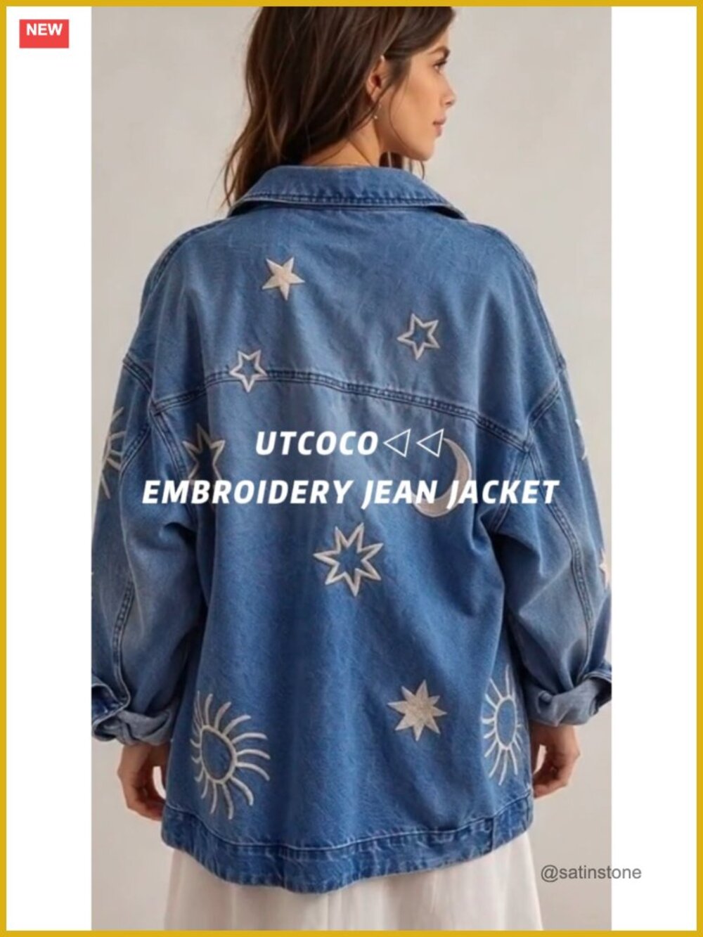 Oversized Embroidered Denim Jacket Button Down Loose Fit Jean Jacket - Picture 6 of 6